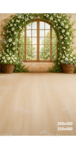 Tło fotograficzne z oknem i białymi kwiatami w wiklinowych koszach | E597